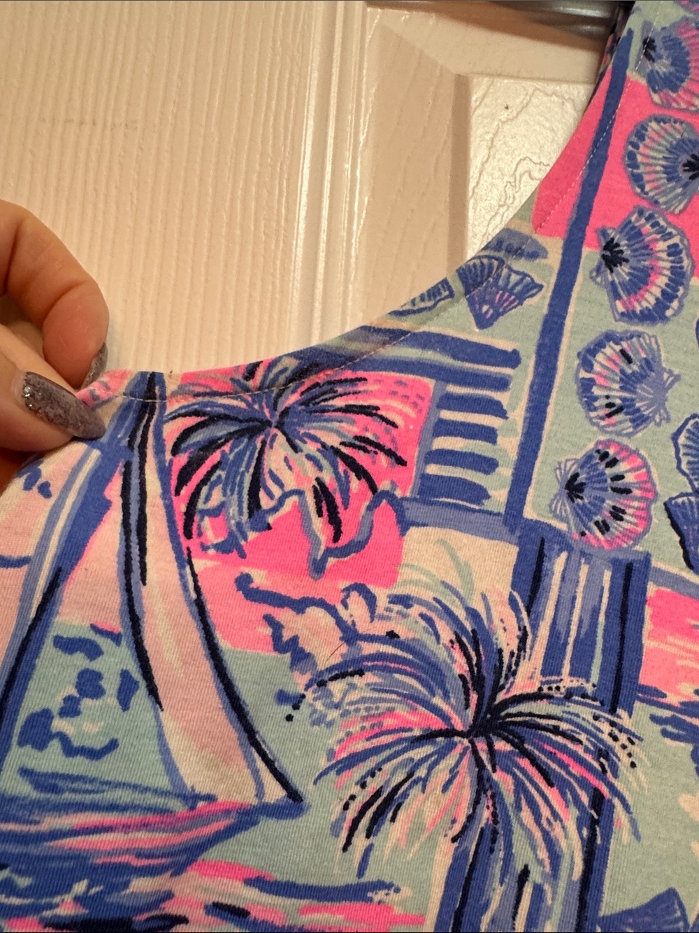 Sleeveless Tropical Print Kristin Tank Top - Pink & Blue - Picture 2 of 6